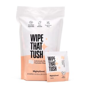 MightyGood. Wipe That Tush On-The-Go Flushable Wipes - 1 pack, 30 individually Wrapped Wipes, Fragrance Free - Extra Large & Soft - Hypoallergenic & Fragrance Free With Aloe & Vitamin E - Plant-Based