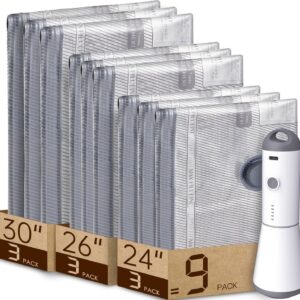 9 Packs Rechargeable Pump Vacuum Bags for Travel Packing, Carry-on Size Vacuum Seal Bags for Luggage and Suitcase Compression, Space Saver for Clothes and Clothing Organization