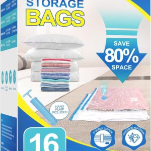 16 Pack Vacuum Storage Bags with Hand Pump, 4 Jumbo + 4 Large + 4 Medium + 4 Small Plastic Packaging Bags, 80% Space Saver Vacuum Seal Bags for Clothing, Travel Lugggage, Blankets, Comforters