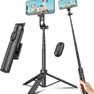 Selfie Stick Travel Tripod for Cell Phone with Remote Control and Phone Holder, Extendable Selfie Stick for iPhone, iPhone Tripod for Video Recording, 50 Inch, Black