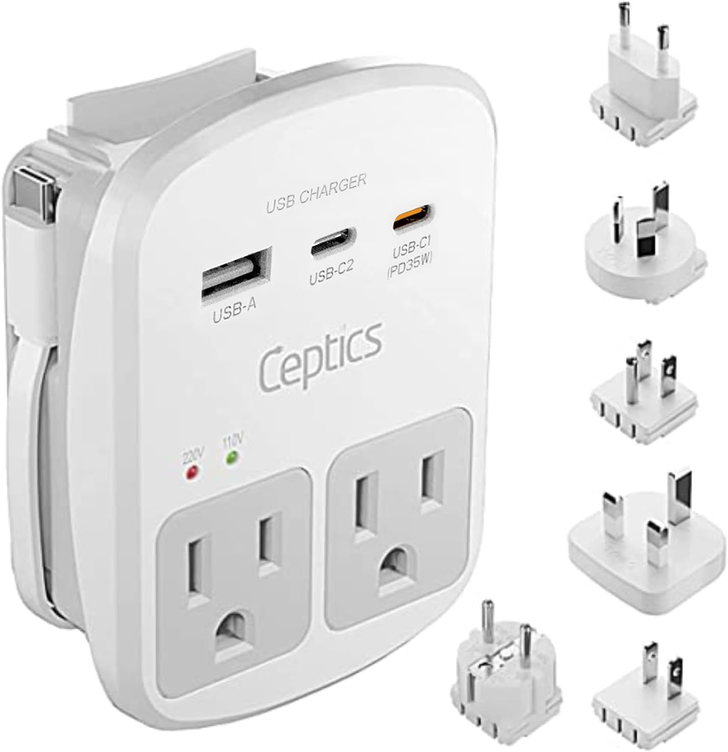 Ceptics 35W Universal Travel Adapter Kit – 2 USA sockets, USB-A, USBC, 1x PD 35W USB-C and USBC Cable, Surge Protected, Plugs for EU, UK, China, AU, Japan - for Laptop, Phone, Camera-ETL Tested