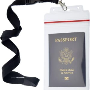 Passport Holders - 2 Pack - Heavy Duty Water and Tear Resistant Resealable Sleeves & Premium Breakaway Lanyard - 4X6 Insert for Vaccination Cards, Cruise, Travel, and Beach Vacation Documents (Black)