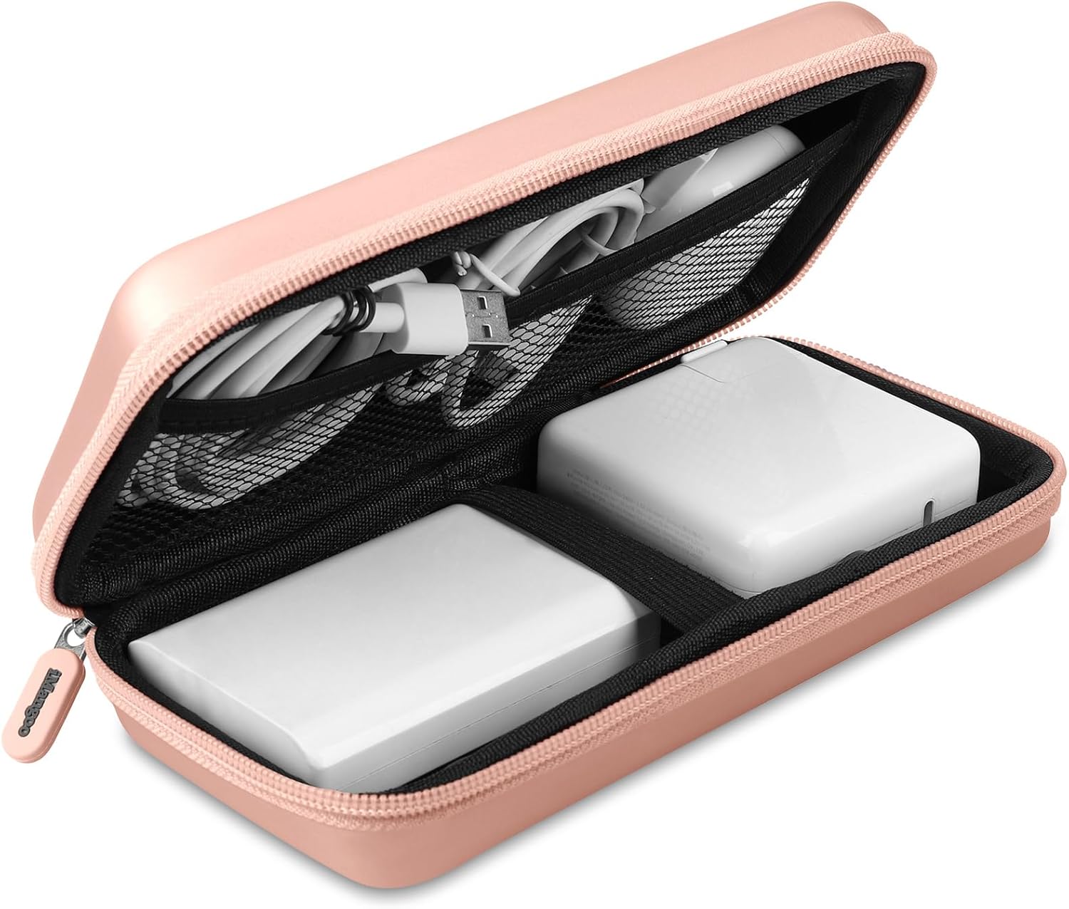 iMangoo Shockproof Travel Essentials Organizer Charger Case, Space-Optimized Zipper Electronics Accessories Pouch Tech Cord Cable Adapter Power Bank Storage for Women Men, 8.5x4.5x2 in (Rose Gold)