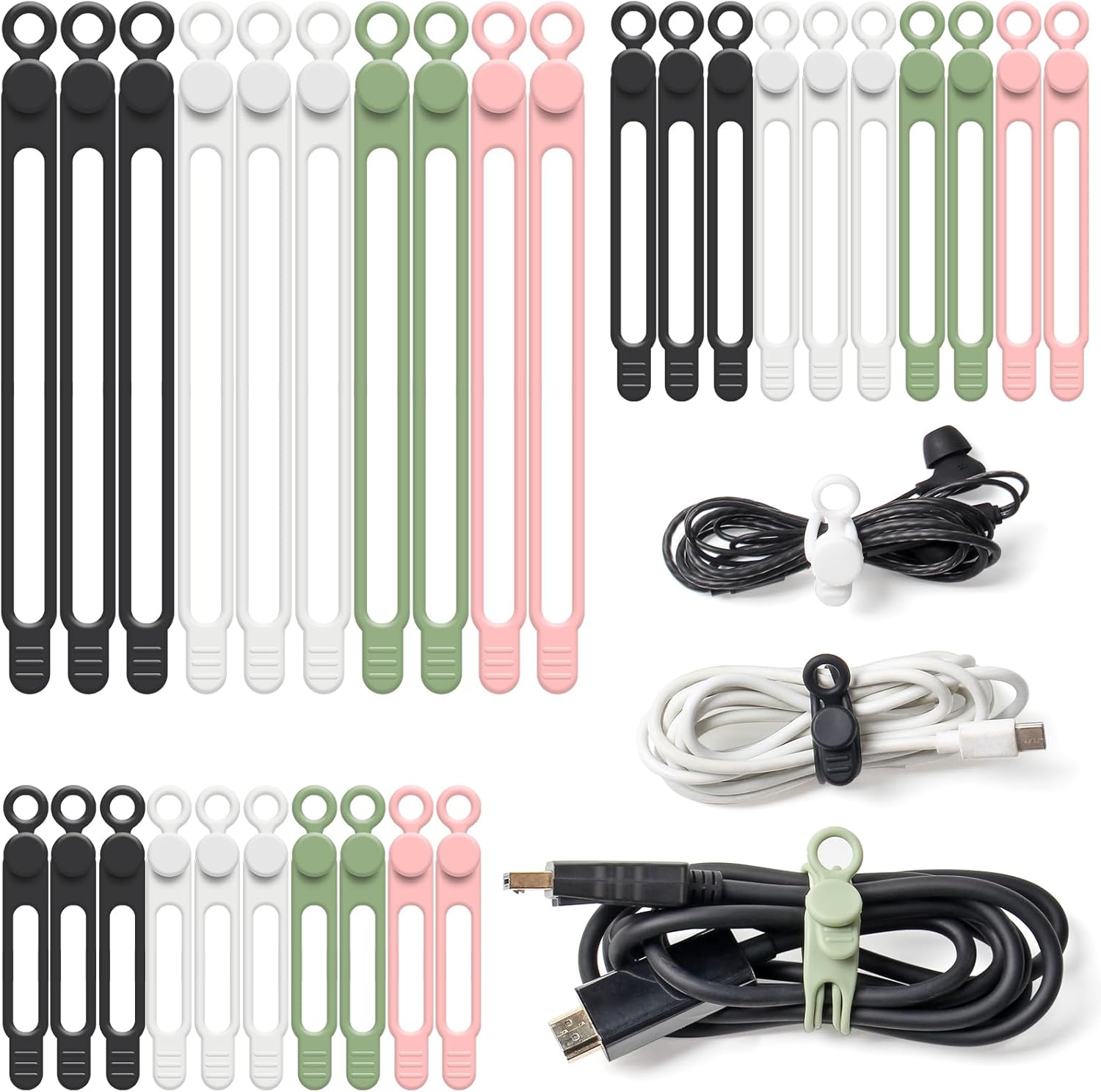 OneLeaf 30Pcs Cord Organizer, Silicone Cable Ties Reusable, Cord Ties for Electronics, Multipurpose Elastic Wire Ties, Travel Essentials for Cable Organizer, Wire Organizers for Fastening Cords