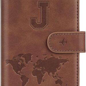 Passport Holder Wallet Cover Personalized Letter A-Z Travel Wallet RFID Blocking Passport Cover Wallet Case for Travel Passport Book Holders for Women and Men, Brown-J