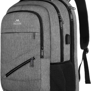 MATEIN Travel Laptop Backpack, 17 Inch Work TSA Approved Carry on Backpack, Large Computer Business Bag for Men Women with USB Port and Trolley Sleeve, College School Rucksack Book Bag, Grey
