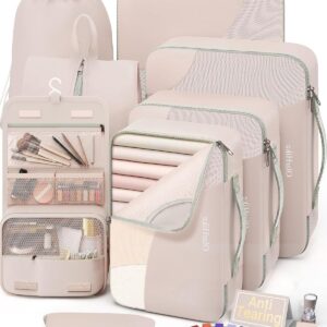 10 Set/8 Set Packing Cubes for Travel, Gifts for Women Mom,Anti-Tearing Suitcase Organizer for Luggage with Shoe & Hanging Toiletry Bag,OlarHike Vacation Essentials & Accessories for Cruise Ship,Cream