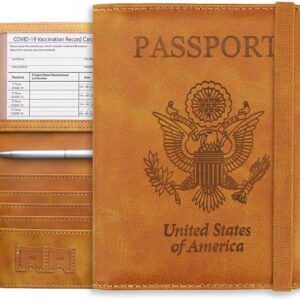 WALNEW Passport Holder Wallet, RFID Blocking Passport Cover Case PU leather Card Holder with Pen and Clear Card Slot for Women Men, Brown