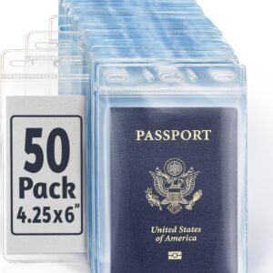 EcoEarth Passport & Identification Card Holders with Soft Edge (Clear, 4x6 Inch, 50 Pack), Extra Large Vertical ID Holder, Zipperless Plastic Name Badge Holders