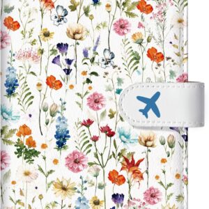 Passport Holder for Travel Essentials, RFID Blocking Leather Cover Wallet with Magnetic Closure, Aesthetic & Cute Passport Book Case for Women and Men - Wildflower