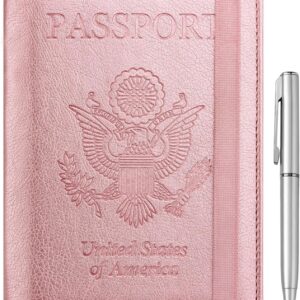 WALNEW Passport Holder for Travel, RFID Passport Cover Wallet for Women Men, PU Leather Passport Book Card Holder Case with Pen, Travelling Essentials for Flying